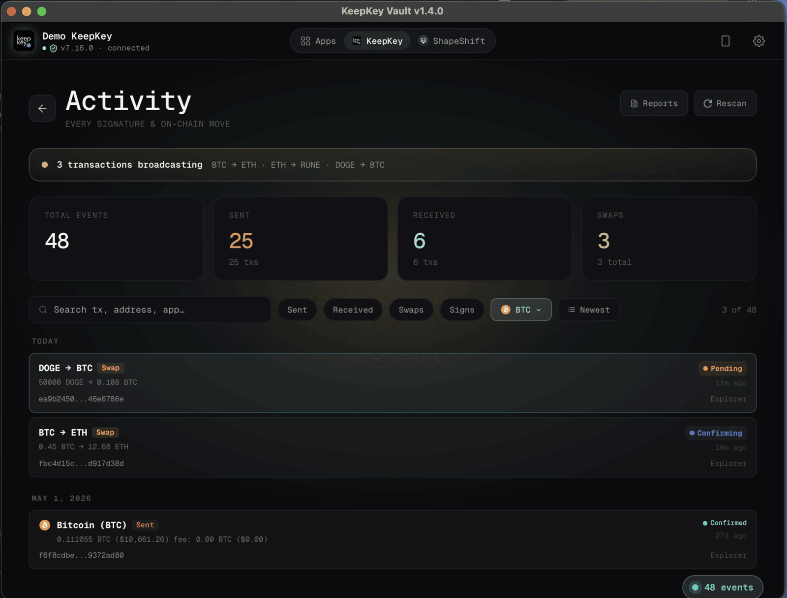 KeepKey Vault activity feed showing cross-chain swaps with pending and confirmed status