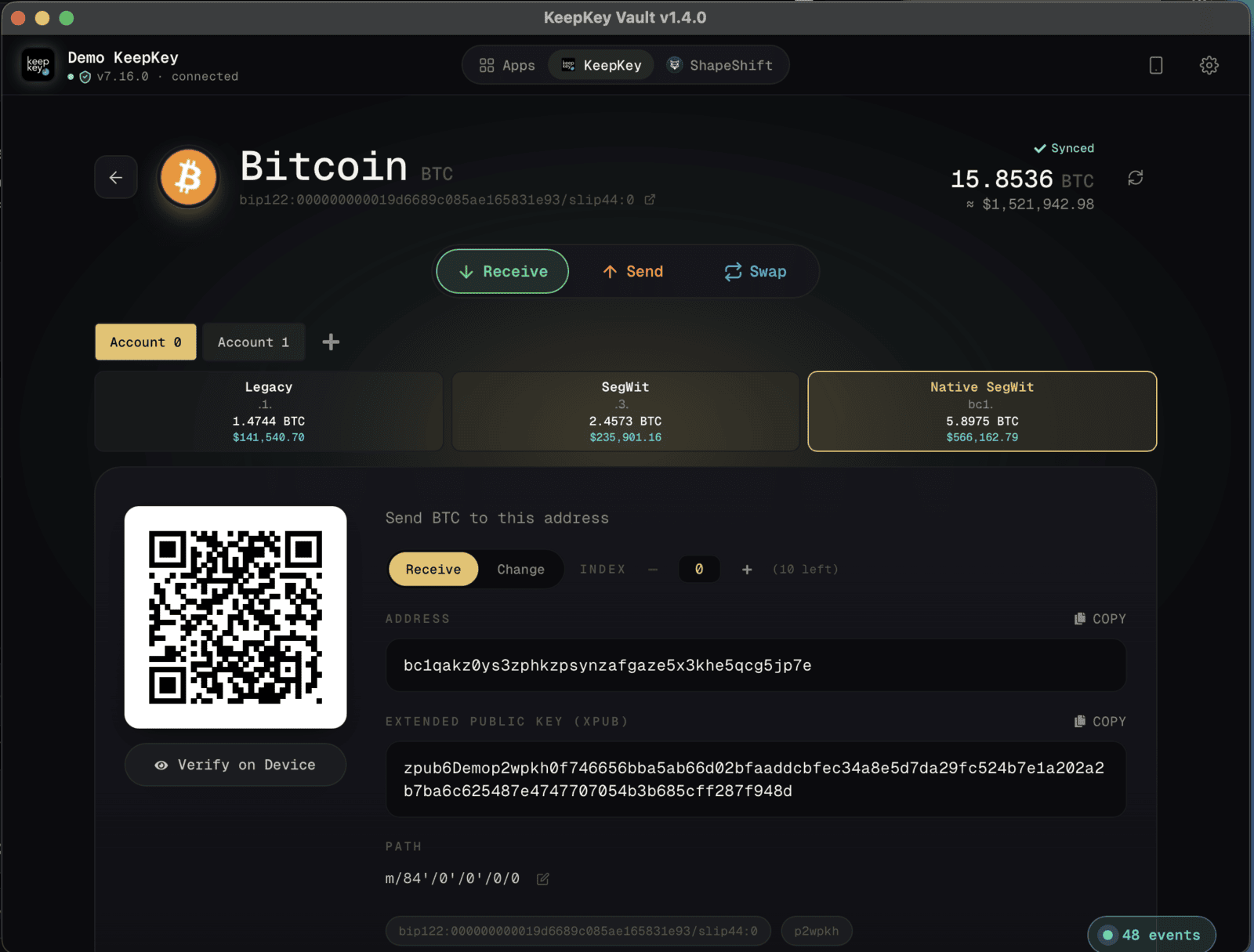 KeepKey Vault receive screen with QR code and on-device verification
