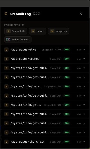 KeepKey API Bridge audit log showing paired apps