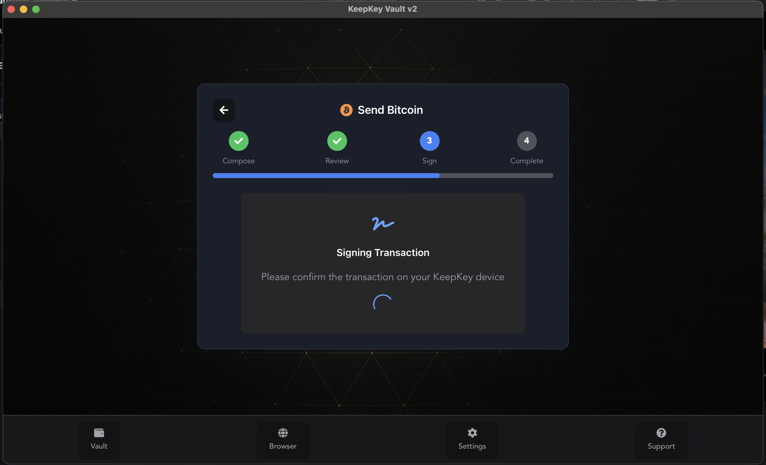 KeepKey Vault signing transaction on hardware device
