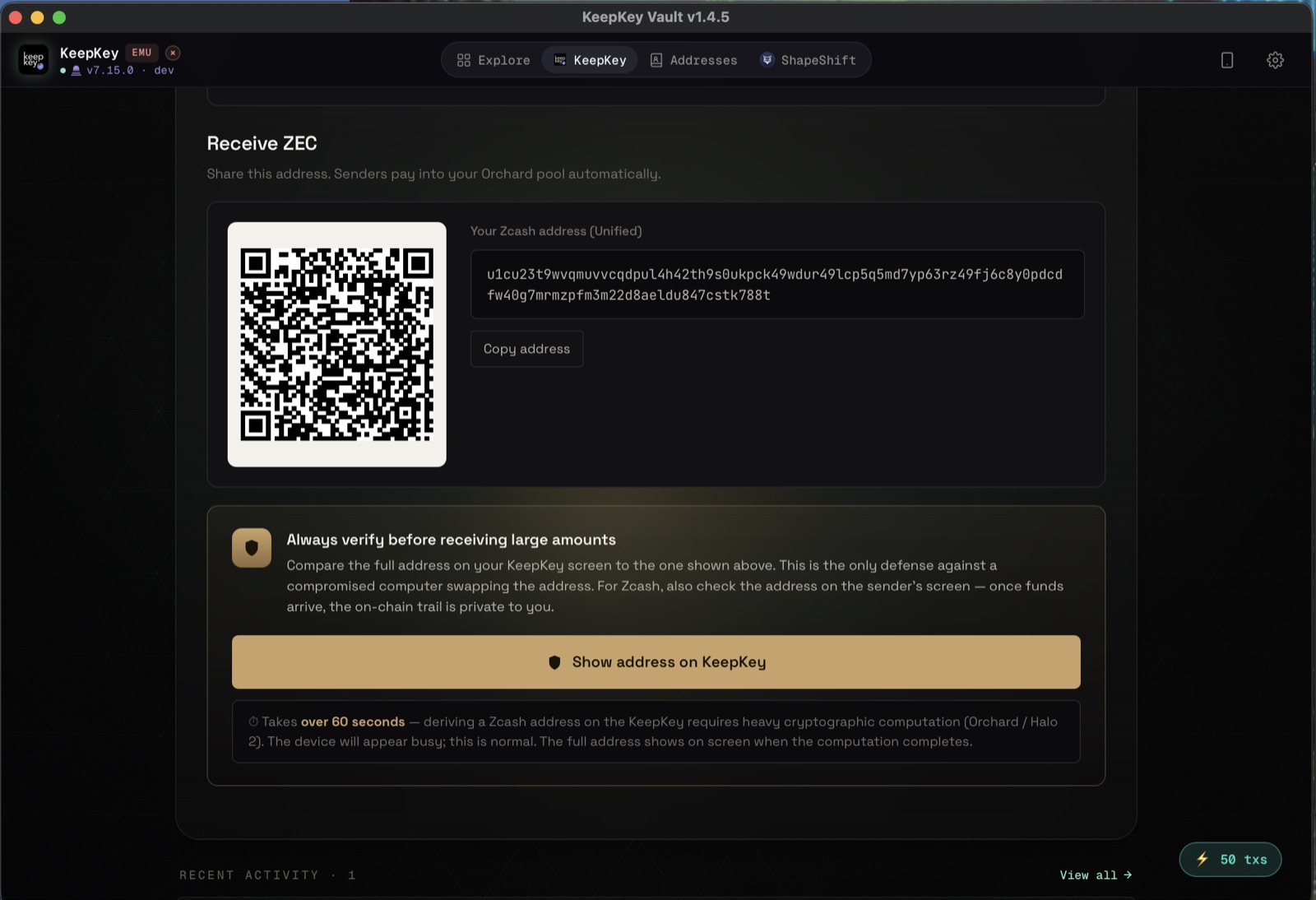Vault prompts you to verify on the KeepKey before trusting any address on screen.