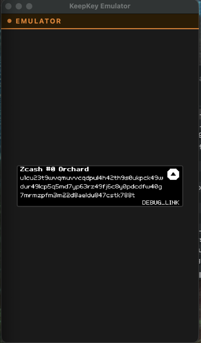 The Orchard u1… address rendered on the device itself — the proof it owns the address.